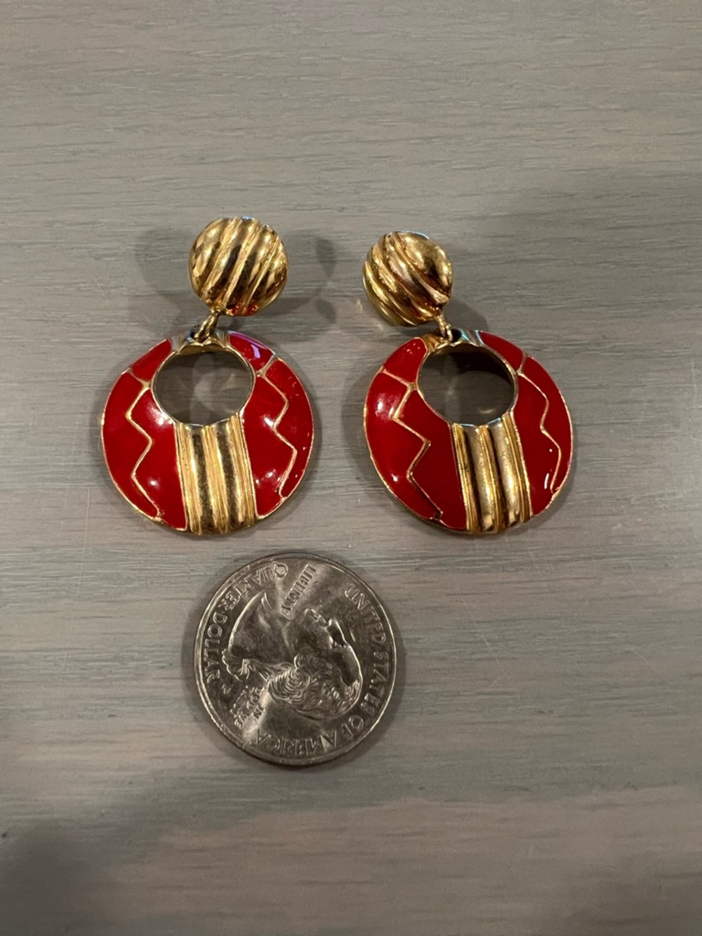 Red and gold vintage retro dangly earrings